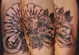A set of praying hands will look amazing on your shoulder. Jordancampbellart Praying Hands Hands Pray Religious Flower Flowers Rose Roses Tattoo Machine Custom Original Art Arm Bicep Black And Grey