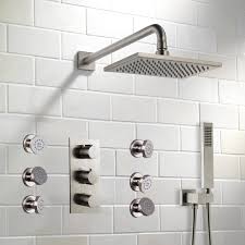 Take more concern to this ideas square shower head brushed nickel, chrome brushed nickel shower set the led lights will automatically light shower arm square rain shower. Buy Brushed Nickel Shower With Adjustable Body Jets Mixer Wall Mount