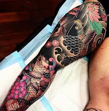 Black And Grey Tattoo Sleeve With Color Beautiful Japanese Tattoo Sleeve I Love When Tattoos Designs Incorporate Lots Of Black With Color I Leg Sleeve Tattoo Japanese Tattoo Japanese Sleeve Tattoos
