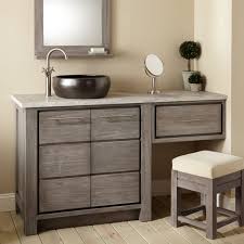 Blackvessel Sink Vanity With Grey Wooden Makeup Cabinet With Several Drawer Added Small Bench Bathroom With Makeup Vanity Bathroom Vanity Wooden Bathroom