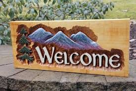 Wood Carved Welcome Sign Hand Carved Signs Cabin Signs House Signs Custom Signs Relief Carving Hand Carved Wood Signs Rustic House Signs Hand Carved Signs