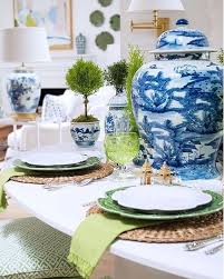 Blue And Green Table Setting Green Table Settings Blue White Decor Green Table