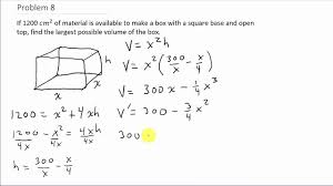 Optimization Find Largest Volume Of A Box Given Amount Of Material Youtube