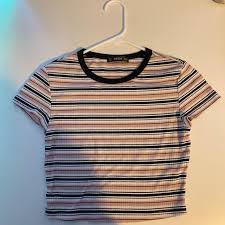 SHEIN PINK BLACK AND WHITE STRIPED CROPPED TEE...
