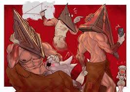 tazahan, nurse (silent hill), pyramid head, silent hill (series), silent  hill 2, absurdres, highres, 1boy, 1girl, abs, artist name, back, blush,  glasses, gloves, hat, helmet, holding, holding sword, holding weapon, large  pectorals,