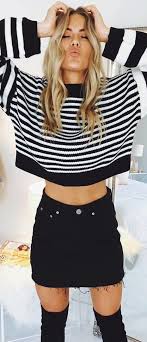 Black And White Striped Top Outfit Winter Outfits Black And White Striped Crop Top And Black Denim Skirt Pic By Showpo Fashion Fashion Jewerly Outfits
