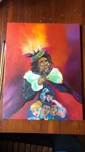 The cover features a painting of cole dressed as a king with a cloak full of children trying various substances (the fine print above cole's head reads, this album is in no way intended to glorify addiction). J Cole Kod Album Cover Painting Matrixartstudios Paintings Prints People Figures Celebrity Musicians Artpal