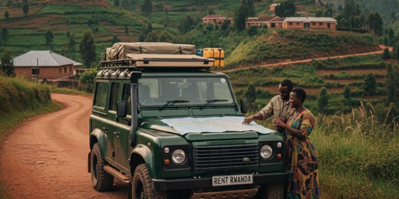Travelers planning a road trip in Rwanda, AI generated