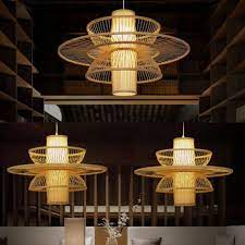 Lotus Shaped Pendant Lamp Asian Style Bamboo 19 5 W 1 Light Beige Hanging Lighting For Restau Hanging Ceiling Lamps Wood Orb Chandelier Pendant Light Fixtures
