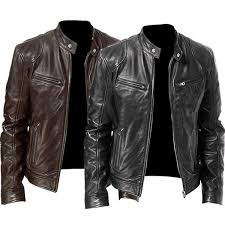 Men Classic Leather Stand Collar Zipper Short Jackets Motorcycle Side Zipper Pockets Jackets Long Sleeve Winter Biker Jackets Wish In 2020 Leather Jacket Men Leather Jacket Style Stand Collar Jackets