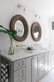 Gray Dual Vanity Ideas Transitional Bathroom Benjamin Moore Fieldstone Amanda Teal Design Round Mirror Bathroom Bathroom Mirror Bathroom