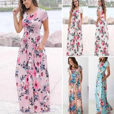 Women Boho Long Maxi Dress Ladies Cocktail Party Evening Summer Beach Sundress Dresses O Floral Print Dress Long Short Sleeve Floral Dress Long Summer Dresses