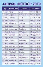 Kalender motogp 2021 telah dirilis setelah dorna mendapatkan pengalaman race ditahun 2020 yang digelar pada masa pandemi covid 19 yang masih. Jadwal Motogp 2019 Live Trans7 Dhukha99 Wordpress Com