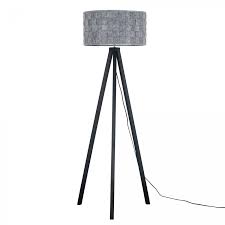 Grey wash tripod wooden floor lamp with black painted metal details and grey fabric shade. Barbro Black Wood Tripod Floor Lamp With Xl Grey Monza Shade