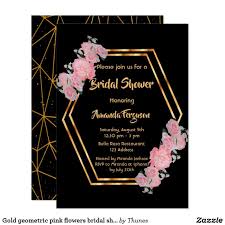 Black And Rose Gold Wedding Invitations Gold Geometrical Pink Flowers Bridal Shower Black Invitation Zazzle Com Bridal Shower Flowers Bridal Shower Invitation Cards Pink Bridal Shower Invitations