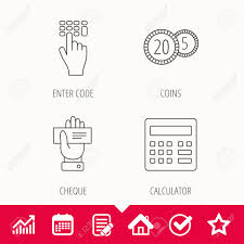 Calculator Coins And Cheque Icons Enter Code Linear Sign Edit
