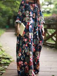 Plus Size Women Shift Daytime Cotton Casual Long Sleeve Printed Dress Vintage Floral Print Dress Maxi Dress With Sleeves Maxi Dress