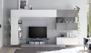Soggiorno Moderno Con Parete Attrezzata Bianco Lucido E Cemento Arredamento Moderno Soggiorno Arredamento Soggiorno Moderno Arredamento Salotto Moderno