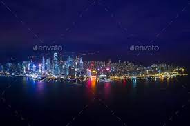 Hong Kong Skyline Night Panorama Panorama Skyline Aerial View