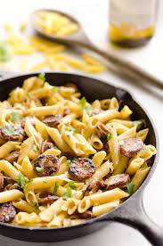 Carrots, red and green bell peppers, mushrooms and mozzarella are baked with spicy sliced sausage and pasta in a rich tomato base. Chicken Sausage Penne Skillet