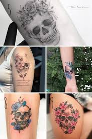 Crane bird flowers on back tattoo. 27 Beautiful Skull And Flower Tattoo Ideas Tattooglee