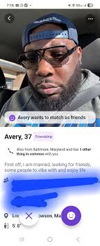 Someones 🐕 off the leash 🥴 7:16 5Guc. たo＆アセッム 24.く＆ oss Avery wants to  match as friends 生 Avery, 37 Friendship Also from Baltimore, Maryland and  has 1 other thing in common
