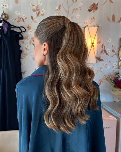 A soft slick back half up half down #hair #updo #halfup #halfdown #wedding #eventhair #hairstyle #waves #pony Makeup @_makeupbydaniella