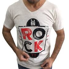 Erkek Baskili V Yaka Fit Tisort Rock Beyaz Erkek Tisort Tisort Fit