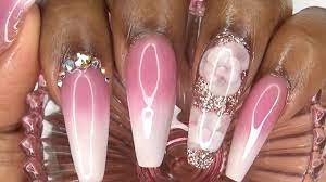 Rose Pink Ombre Acrylic Nails With Encapsulated 3d Acrylic Flowers Lon Luxury Nails Ombre Acrylic Nails Rose Nails