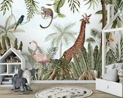 Safari Wallpaper With Exotic Animals Peel And Stick Flamingo Giraffe Jungle Monkey Tropical W