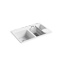 A large single basin accommodates large pots and pans, while the sloped bottom. Kohler Riverby Workstation Undermount Cast Iron 33 In 5 Hole Double Bowl Kitchen Sink Kit In White With Accessories K 8679 5ua3 0 The Home Depot Double Bowl Kitchen Sink Double Basin Kitchen Sink Cast
