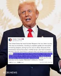 I have instructed the Department of War to start testing our Nuclear Weapons,”  Pres. Trump posted on Truth Social Wednesday night, shortly before his  first face-to-face meeting in six years with China