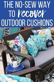 Turn indoor seat cushions and pillows into outdoor waterproof versions in just minutes with this easy diy treatment! The No Sew Way To Reupholster Outdoor Cushions Blue I Style