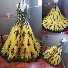 Ad Ebay Gothic Yellow And Black Wedding Dresses Vintage Halter Lace Applique Brid Black Wedding Dress Gothic Black Wedding Dresses Yellow Bridesmaid Dresses
