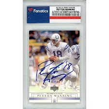 The front of the card shows manning scanning the field for an open receiver in his colts home blue jersey. Peyton Manning Indianapolis Colts Autographed 2002 Upper Deck 18 448 500 Card Upper Deck