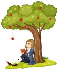 Sir Isaac Newton sentado bajo el manzano leyendo un libro | Vector gratuito