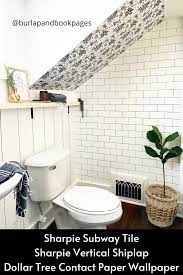 Small Bathroom Sharpie Subway Tile And Vertical Shiplap And Dollar Tree Contact Paper Wallpaper In 2020 Small Bathroom Bathroom Makeover Paper Wallpaper