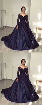 Ball Gown Black And Blue Wedding Dress Navy Blue Long Sleeve Appliques Satin Ball Gowns Formal Quinceanera Dresses In 2020 Wedding Dresses Unique Ball Dresses Ball Gowns