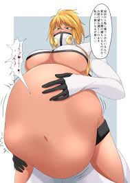 keze, tier harribel, bleach, hand on belly, absurdres, highres, tagme,  translated, 1boy, 1girl, big belly, blonde hair, breasts, dark skin, green  eyes, japanese text, midriff, navel, pants, short hair, stomach bulge, thick