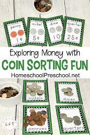 This is a simple way to practice counting. How To Explore Money With Preschool Coin Sorting Fun Preschool Activity Coin Sorting Teaching Money