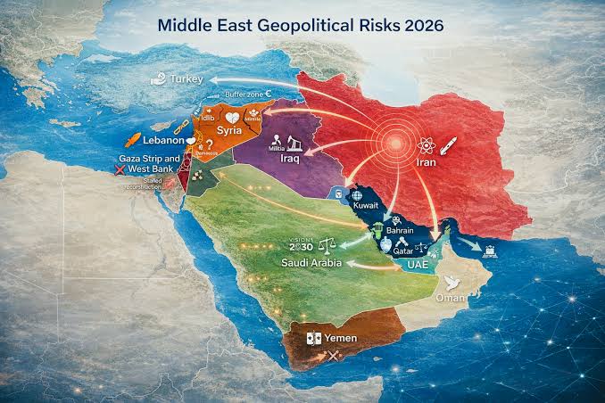Map representation of current geopolitical flashpoints in the Middle East.