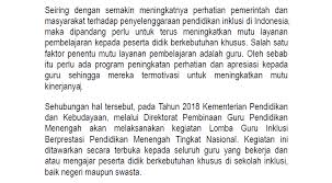 Sekolah anda pada pada akhir libur semester mengadakan studi tour ke luar kota selama tiga hari dan anda menjadi salah satu guru pendamping kegiatan studi tour itu. Pedoman Lomba Guru Inklusi Berprestasi Pendidikan Menengah Sma Smk Sederajat Tingkat Nasional Tahun 2018 Infodikdasmen