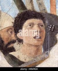 The Battle of Constantine . PIERO della FRANCESCA Battle between  Constantine and Maxentius Fresco, 322 x 764 cm San Francesco, Arezzo .  circa 1458. see filename or category 986 Piero, arezzo, Battle