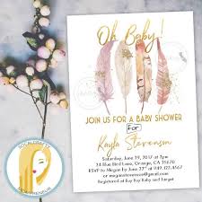 Bohemian Baby Shower Invitation Boho Chic Invite Watercolor Feathers Feather Boho Baby Shower Invitations Pink Baby Shower Invitations Bohemian Baby Shower