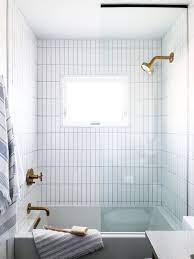 Vertical Stacking Tile Stack Bond Tile White Shower Tile Brass Shower Head Large Tub Window In Bathroom Tub Shower Glass Shower Tub Tub Shower Combo