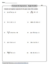 Score … evaluate the expressions for the given values of the variable. Evaluating Algebraic Expression Worksheets