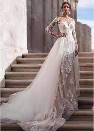 323 99 Marvelous Tulle Lace Jewel Neckline 2 In 1 Wedding Dresses With Detachable Skirt Lace Appliques Magbridal Com Cn In 2021 Detachable Train Wedding Dress Online Wedding Dress Wedding Dresses