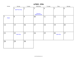 Free Printable Calendar For April 1996 View Online Or Print In Pdf Format Free Printable Calendar Calendar Printables Printable Calendar