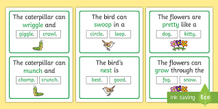 Children working with cvc words will be learning to pronounce the sounds in response to the letters, blending them to read whole words. The Caterpillar Can Rhyming Sentence Word Cards