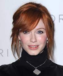 Christina Hendricks Long Straight Dark Copper Red Updo With Side Swept Bangs Red Hair With Bangs Red Hair Makeup Cool Hairstyles